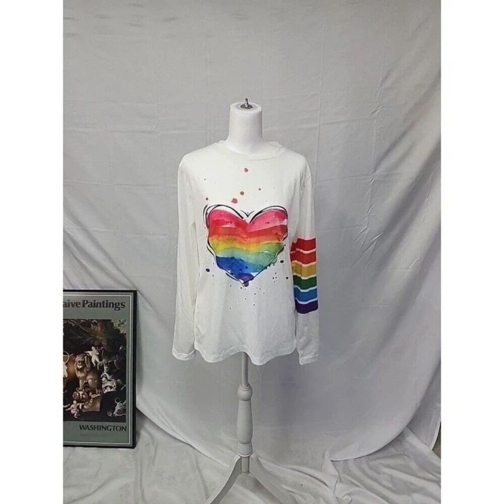 rainbow watercolor heart white crew neck long sleeve t shirt EUC SZ med